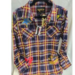 Kleep Born In USA Made By Human Flannel Shirt kid Size 13-14 Plaid Patches